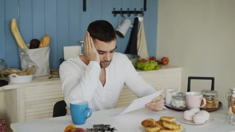 Como Voltar a Contribuir para o INSS: Passo a Passo 2026 4 Man sitting at table reading papers with breakfast.