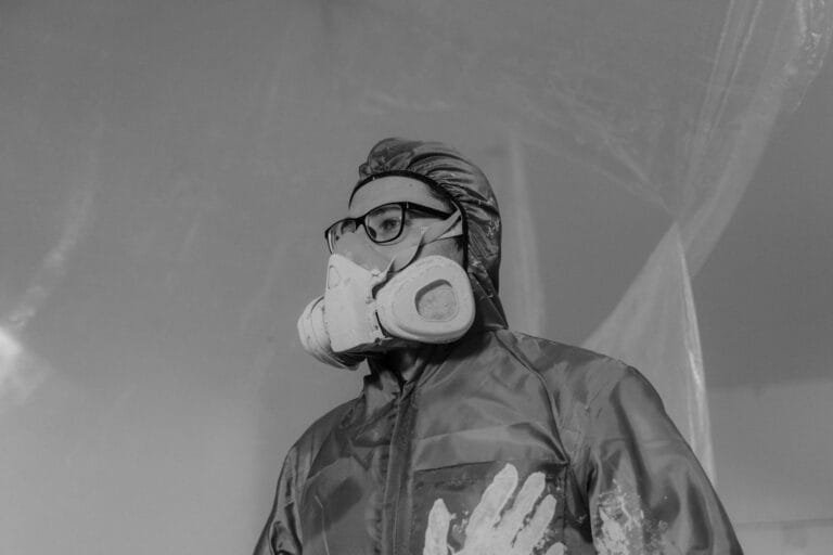 Worker wearing a gas mask and safety gear in a monochrome setting, emphasizing protection and safety.