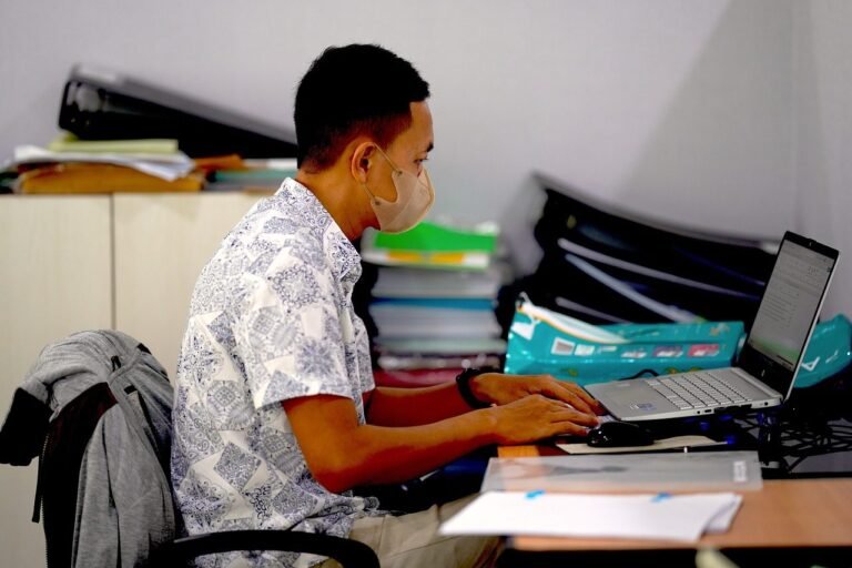 man, laptop, worker, administrator, notebook, desk, mask, laptop, laptop, laptop, laptop, 