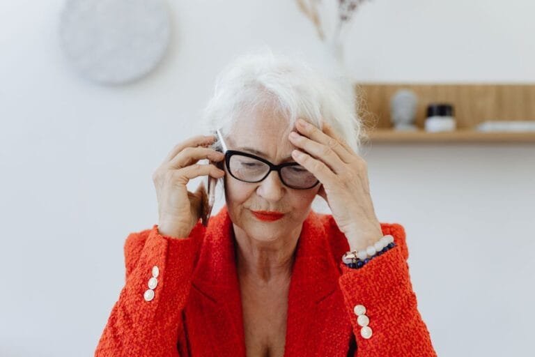 Senior woman in red blazer stressed while talking on the phone indoors.