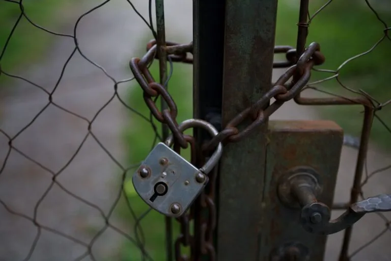 A close-up of a rusty padlock and chain securing a metal fence gate, outdoors.