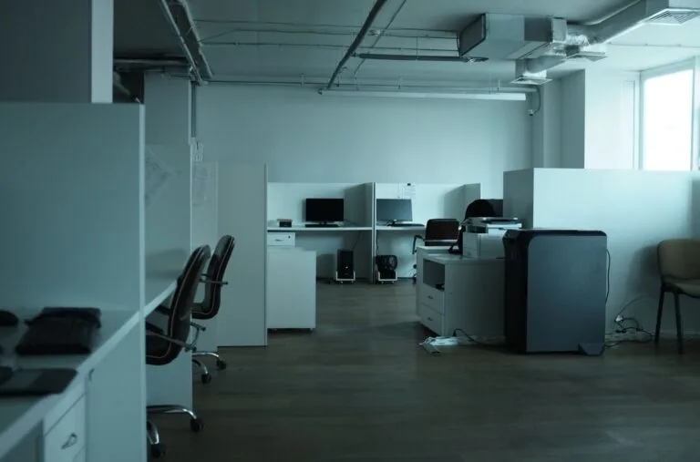 Falência Empresarial: Hipóteses Legais e Efeitos 3 An empty modern office space in Kyiv featuring workstations, chairs, and technology.