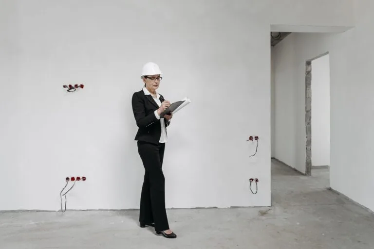 Fiscalização e autuação: quais são os limites do agente público na sua empresa 6 Woman in hard hat reviews notes at a construction site, examining progress.