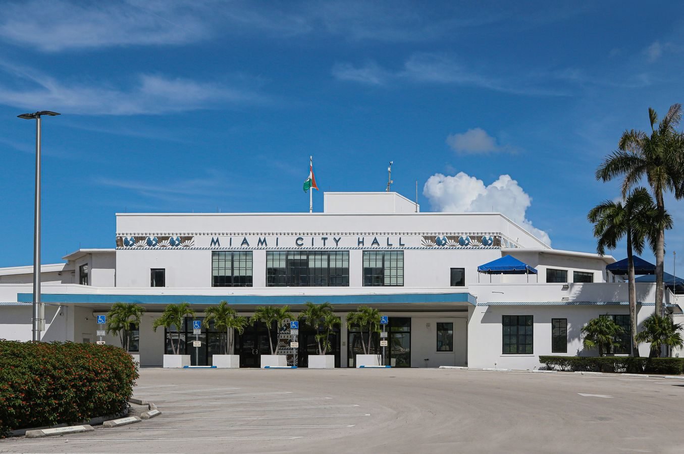 Front view of Miami City Hall with palm trees under a clear blue sky.