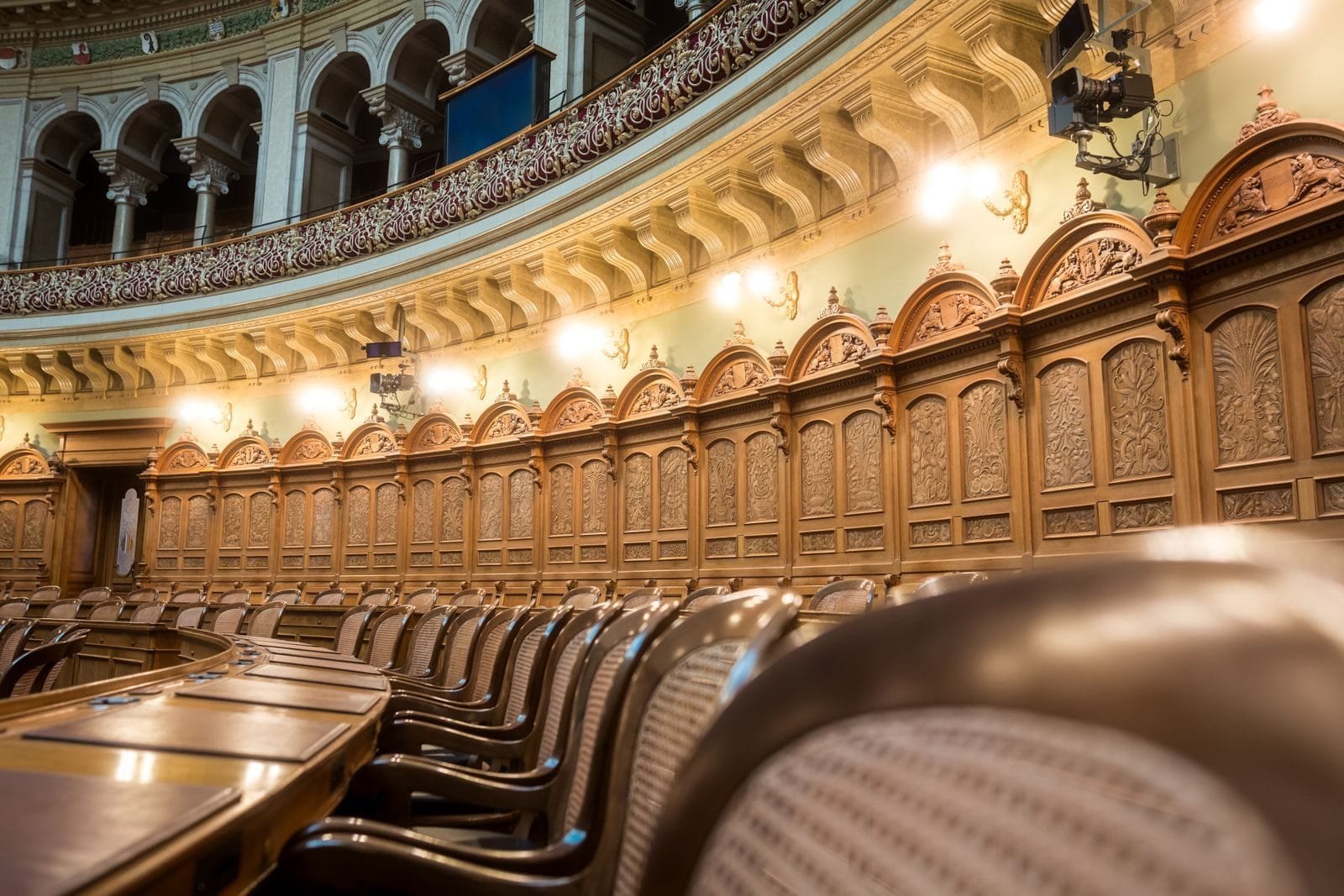Interior view of the elegant Swiss Parliament council chamber in Bern, Switzerland.