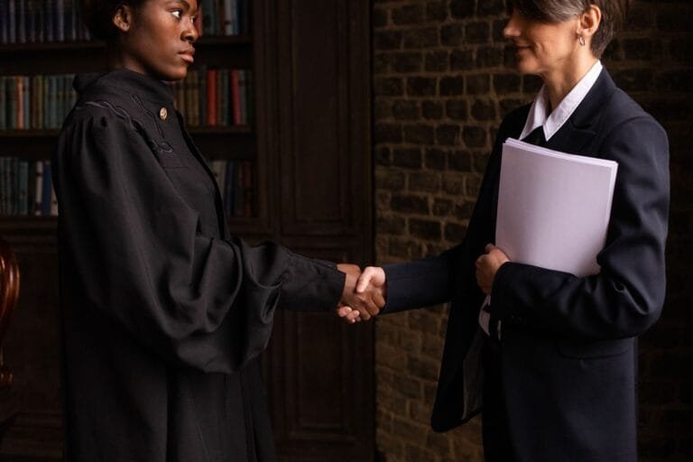 Procuração e substabelecimento: até onde vai o poder do advogado 4 A lawyer in formal attire shakes hands with a client in a book-lined office.