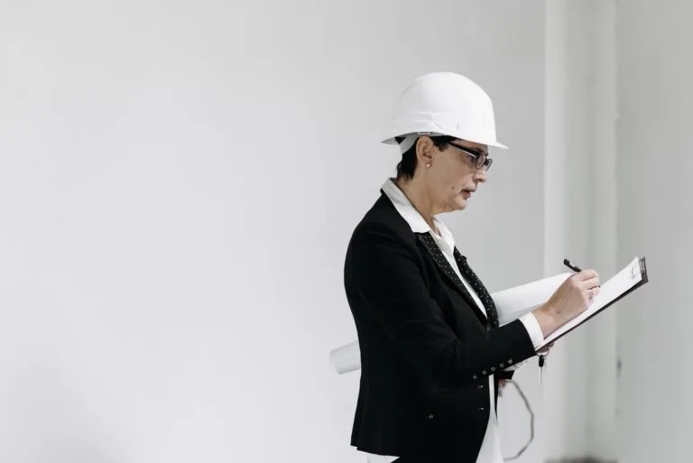 Proporcionalidade e razoabilidade: os freios que limitam o poder de polícia 6 Woman in business attire with hard hat taking notes at a construction site.