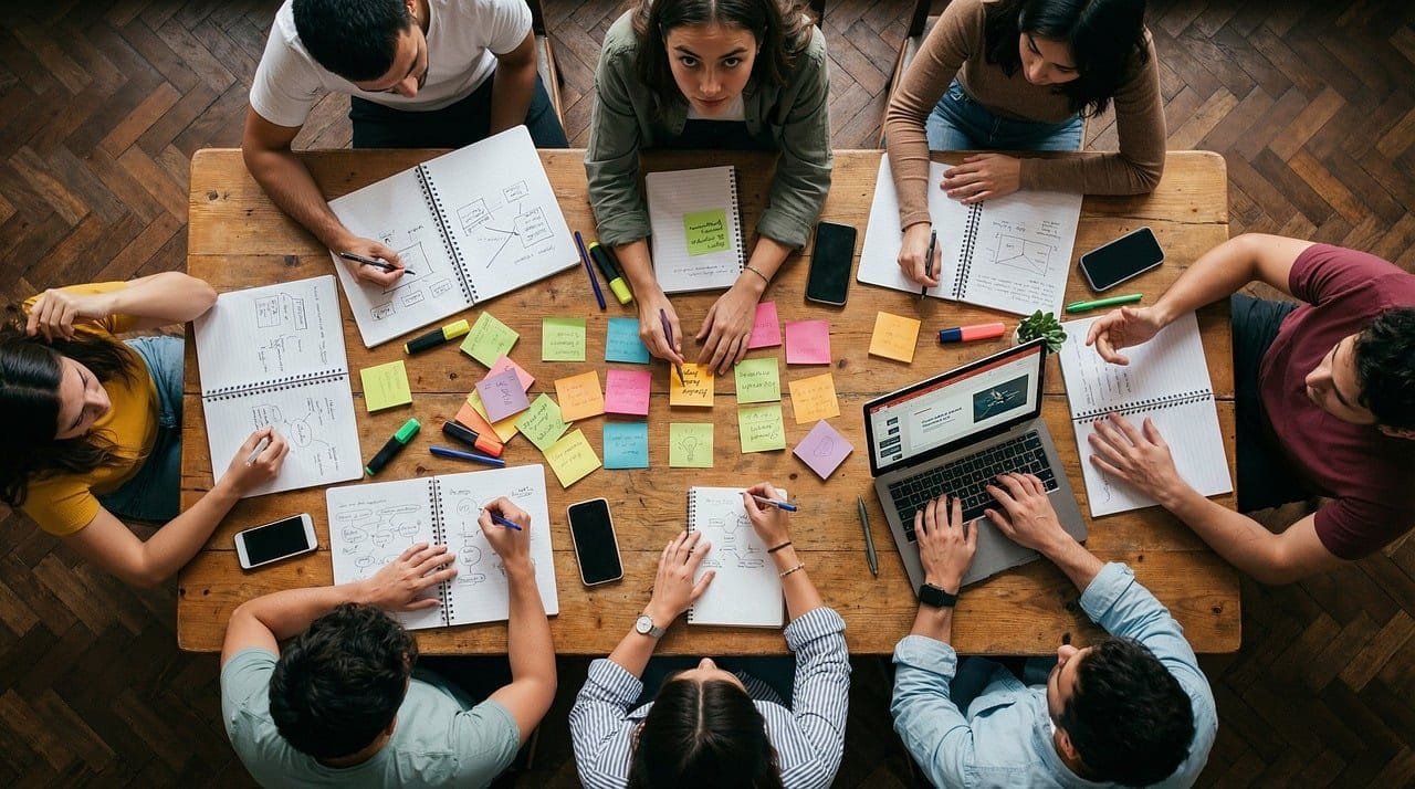 eam, workshop, office, collaboration, sticky notes, planning, strategy, brainstorming, tab