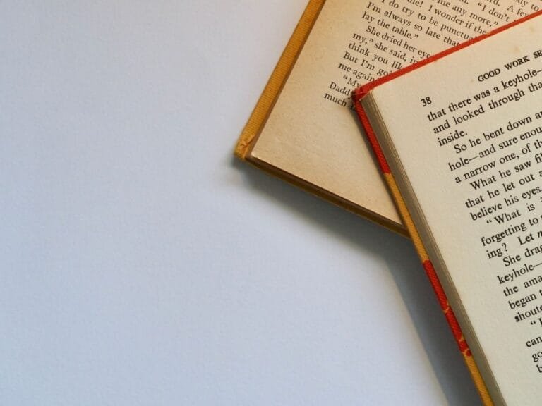 Resultados 9 Top view of open books with visible pages and text on a clean white background.