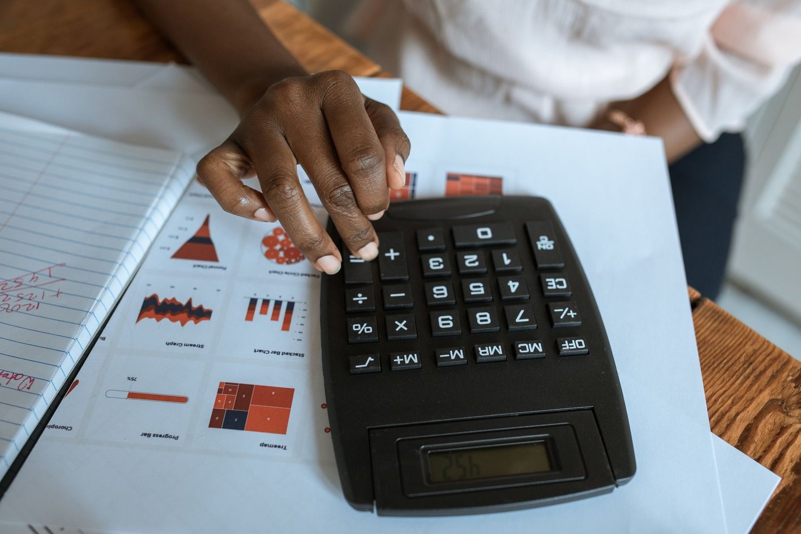 Person using calculator on desk with financial charts and graphs, ideal for business and f