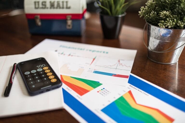 A workspace with financial charts, smartphone calculator app, pen, and plant on a wooden d