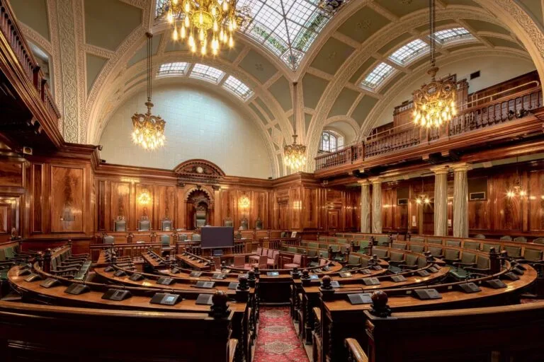 Licitação como funciona a contratação pública 1 A beautifully designed chamber room with ornate woodwork and chandeliers in the UK.